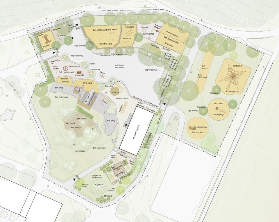En illustration över hur parkleken ska se ut med alla parkens delar utritade.